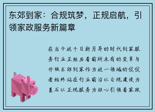 东郊到家：合规筑梦，正规启航，引领家政服务新篇章