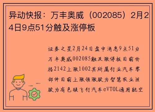 异动快报：万丰奥威（002085）2月24日9点51分触及涨停板