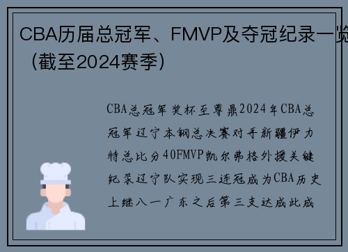 CBA历届总冠军、FMVP及夺冠纪录一览（截至2024赛季）