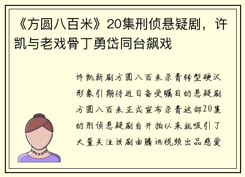 《方圆八百米》20集刑侦悬疑剧，许凯与老戏骨丁勇岱同台飙戏