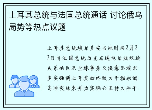 土耳其总统与法国总统通话 讨论俄乌局势等热点议题