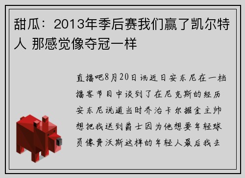 甜瓜：2013年季后赛我们赢了凯尔特人 那感觉像夺冠一样