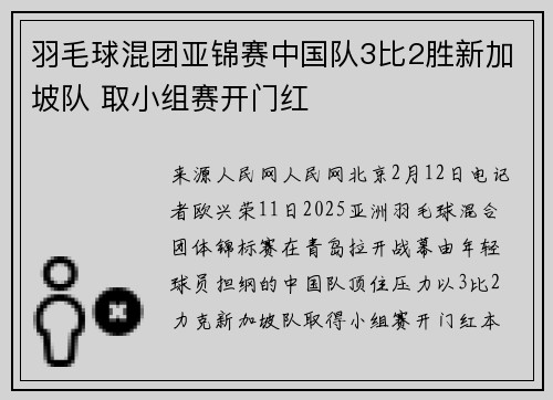 羽毛球混团亚锦赛中国队3比2胜新加坡队 取小组赛开门红